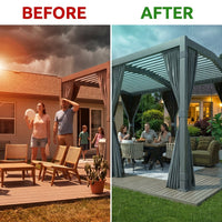 12X20 Louvered Pergola,Dark Grey Aluminum Frame with Adjustable Rainproof Roof, Featuring Waterproof Curtains and Nets — Before & After