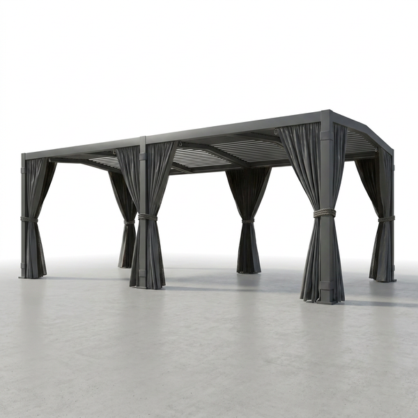 12X20 Louvered Pergola,Dark Grey Aluminum Frame with Adjustable Rainproof Roof, Featuring Waterproof Curtains and Nets — Studio Shot