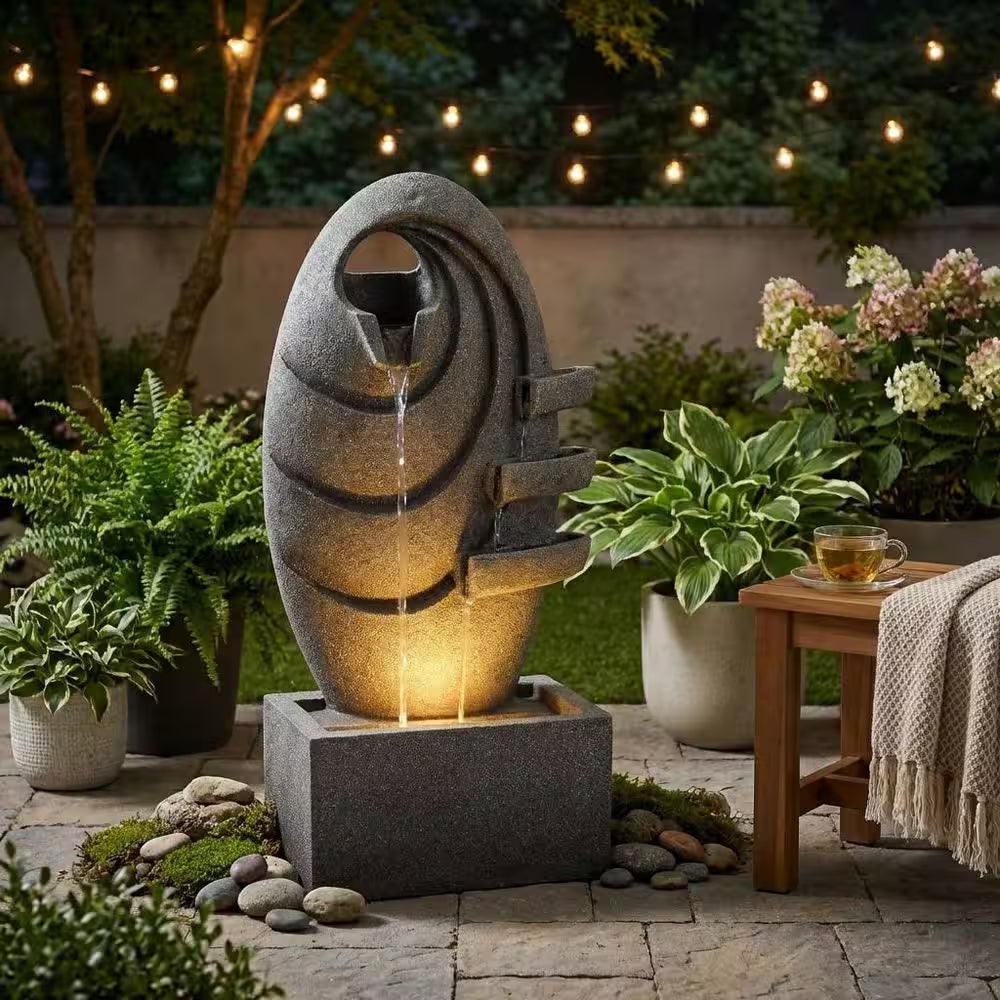 31 In. Outdoor Cascade Fountain with LED Light, Adjustable Flow and Electric Pump in Gray