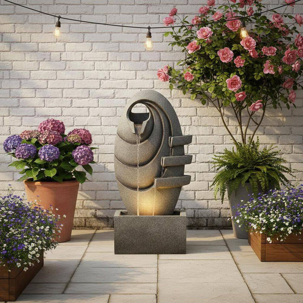 31 In. Outdoor Cascade Fountain with LED Light, Adjustable Flow and Electric Pump in Gray
