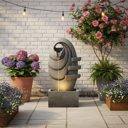 31 In. Outdoor Cascade Fountain with LED Light, Adjustable Flow and Electric Pump in Gray