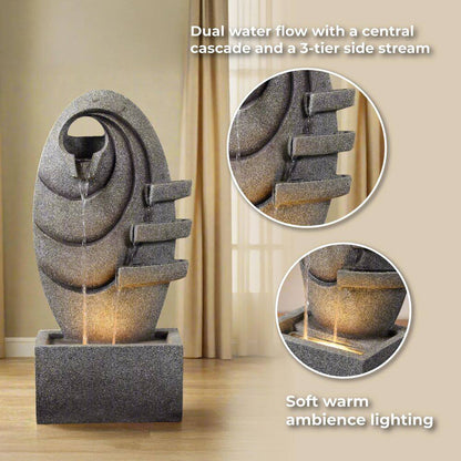 31 In. Outdoor Cascade Fountain with LED Light, Adjustable Flow and Electric Pump in Gray