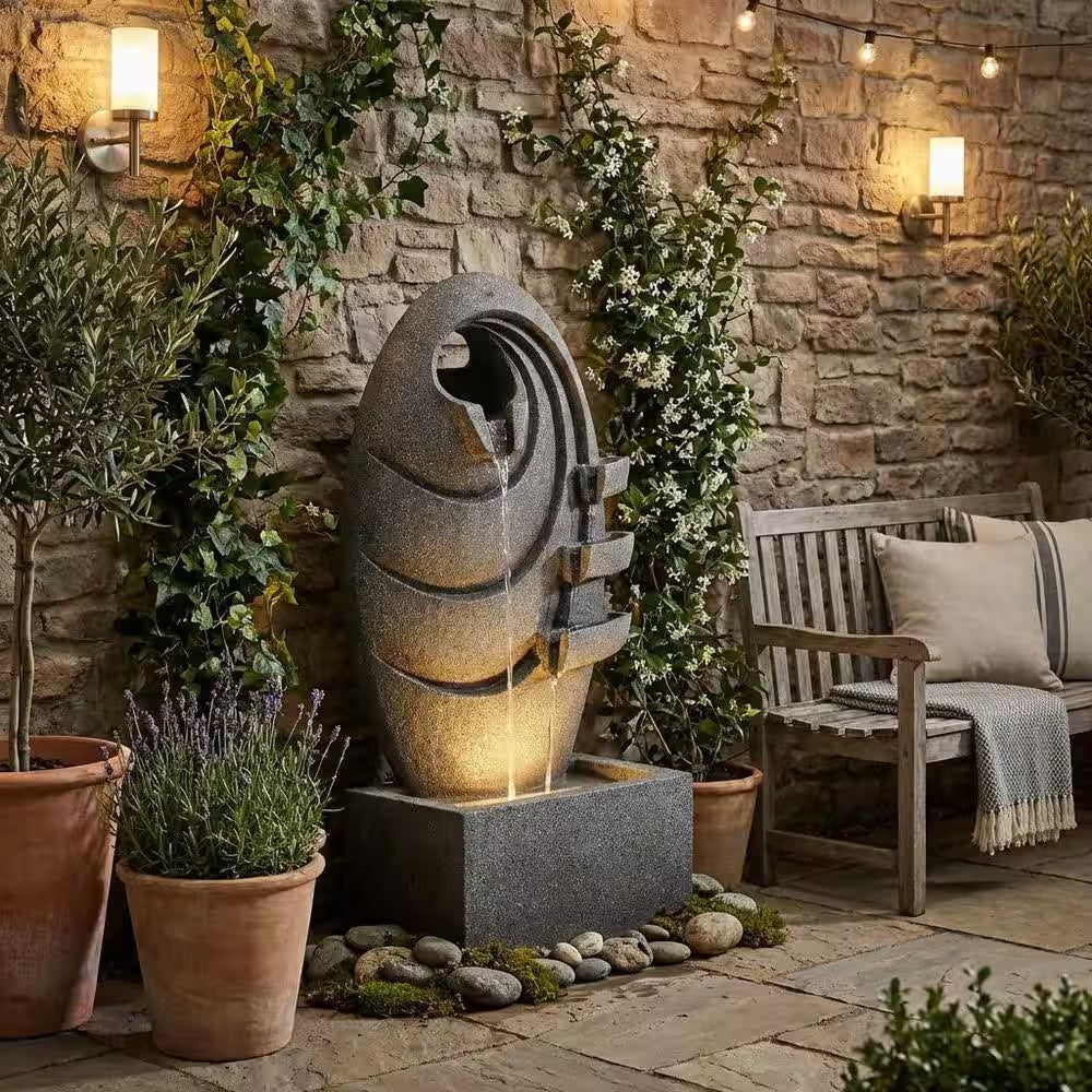 31 In. Outdoor Cascade Fountain with LED Light, Adjustable Flow and Electric Pump in Gray