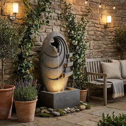 31 In. Outdoor Cascade Fountain with LED Light, Adjustable Flow and Electric Pump in Gray