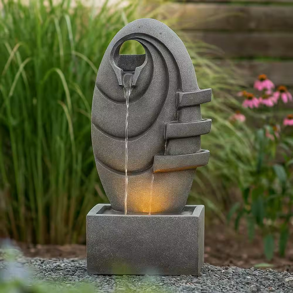 31 In. Outdoor Cascade Fountain with LED Light, Adjustable Flow and Electric Pump in Gray
