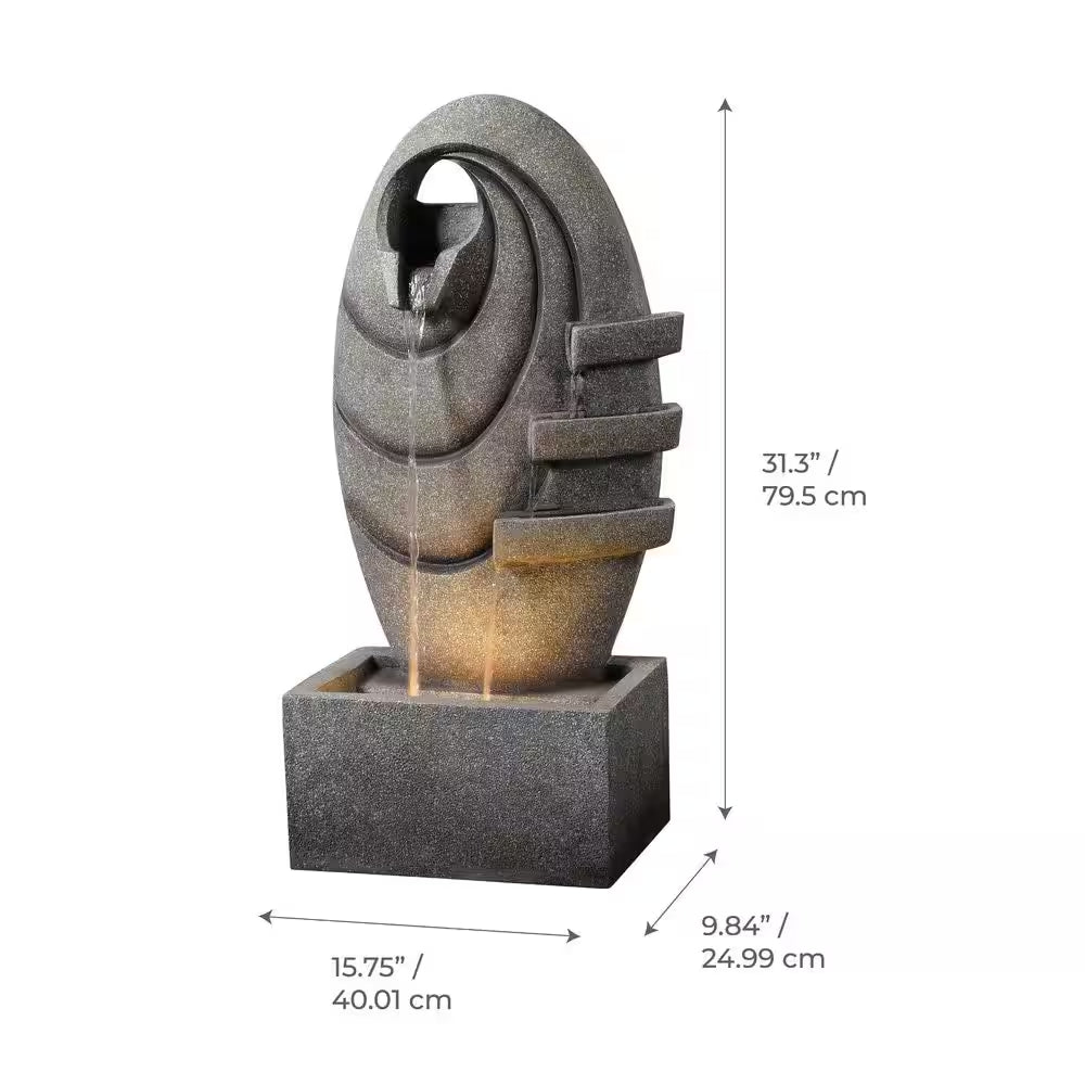 31 In. Outdoor Cascade Fountain with LED Light, Adjustable Flow and Electric Pump in Gray