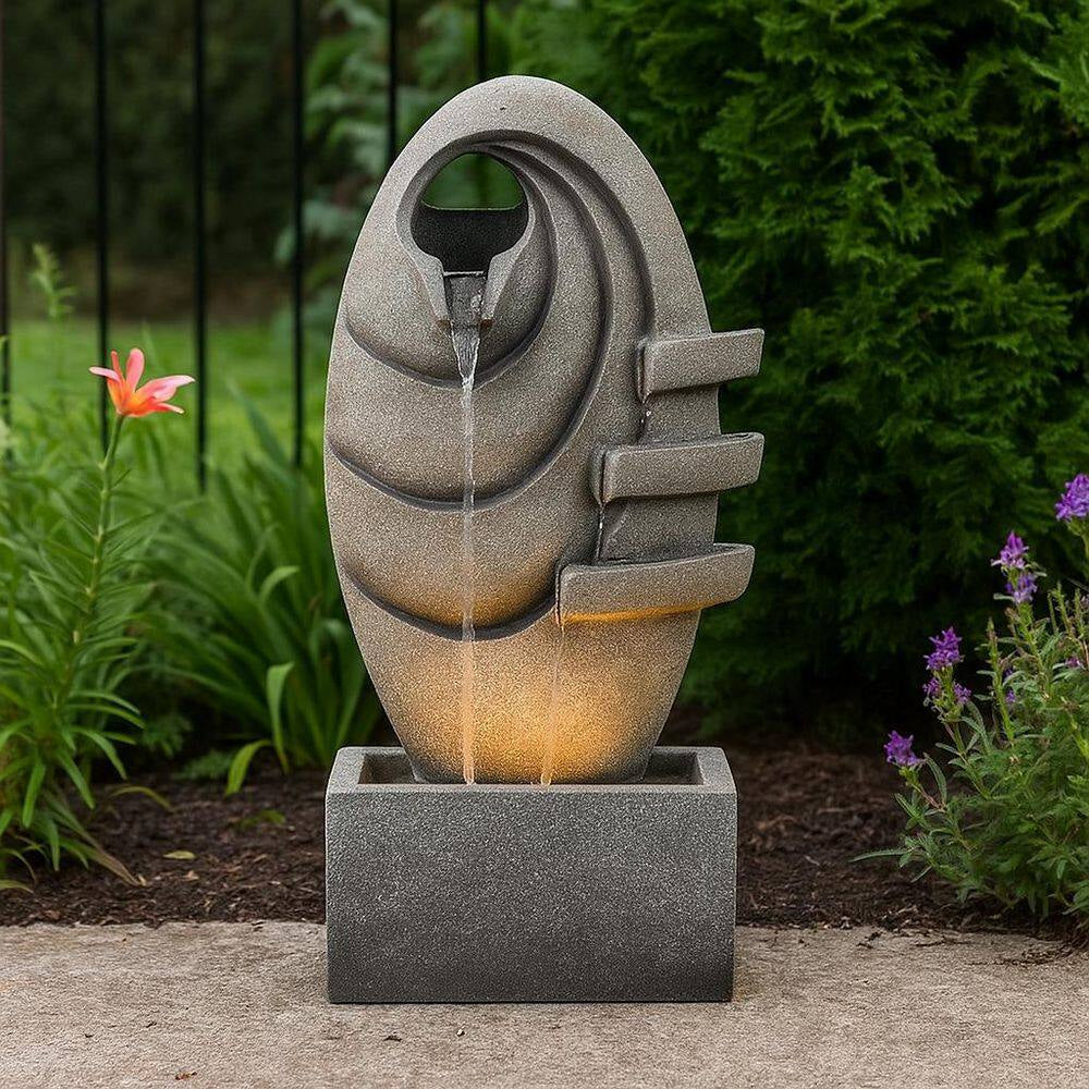 31 In. Outdoor Cascade Fountain with LED Light, Adjustable Flow and Electric Pump in Gray